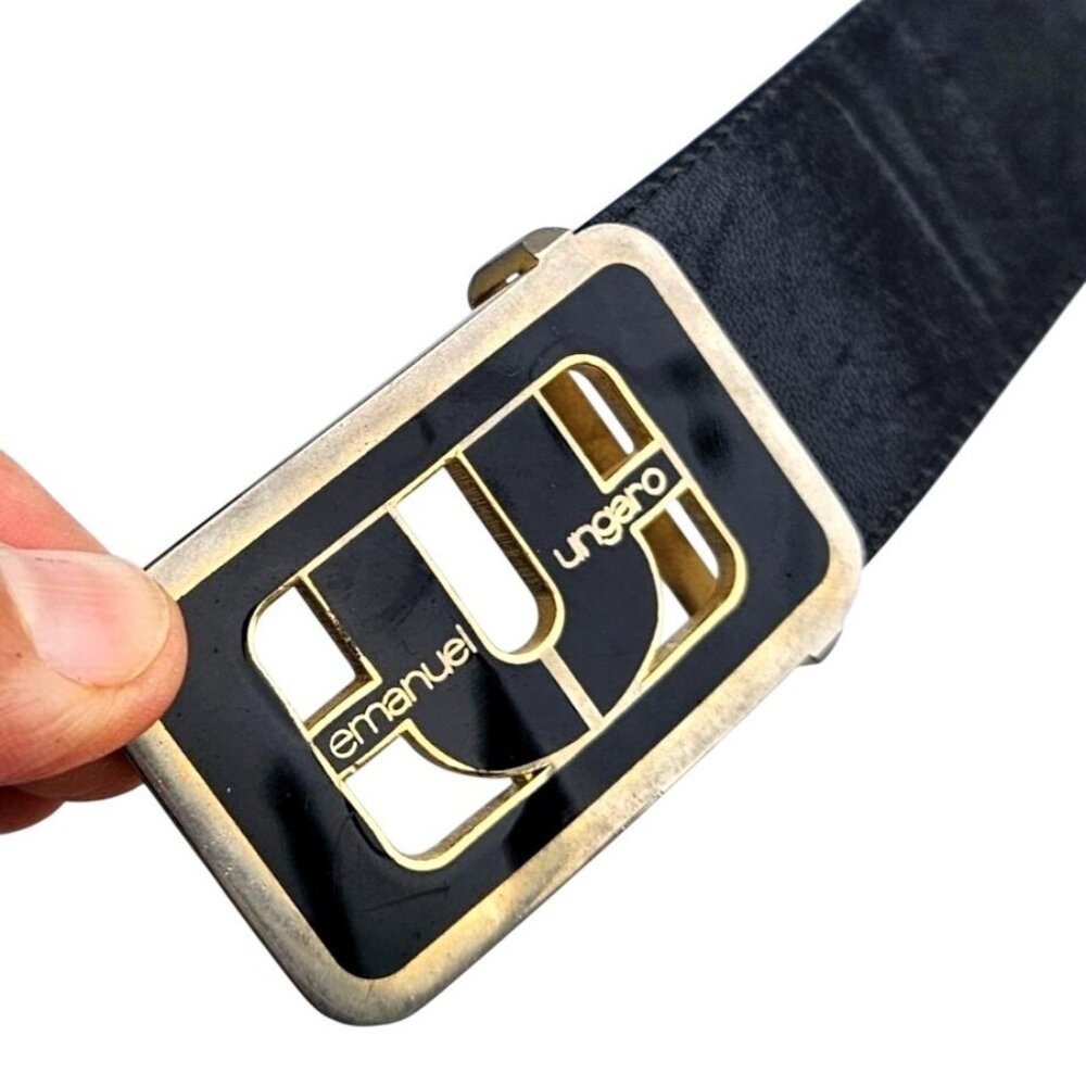 Vintage Emanuel Ungaro Belt 1970s Leather Black Gold Womens 25 27 Inch Waist